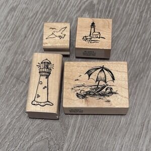 On the Beach Rubber Stamp Lot Of 4 Pieces Lighthouse Waves Birds Sun Beach